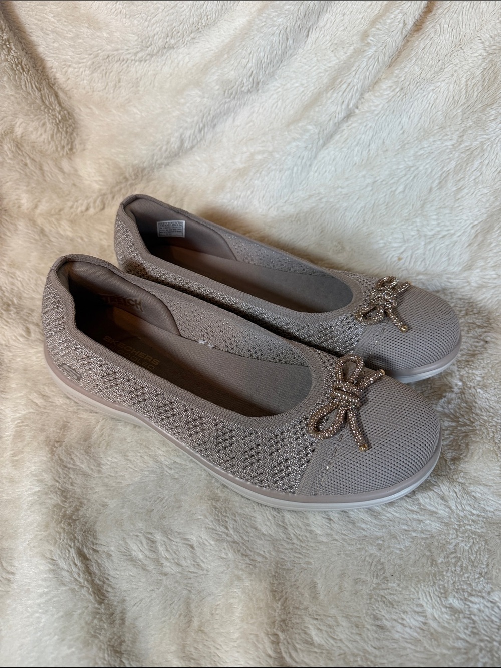 Skechers Light Taupe Knit Ballet Flats with Metallic Bow Accent